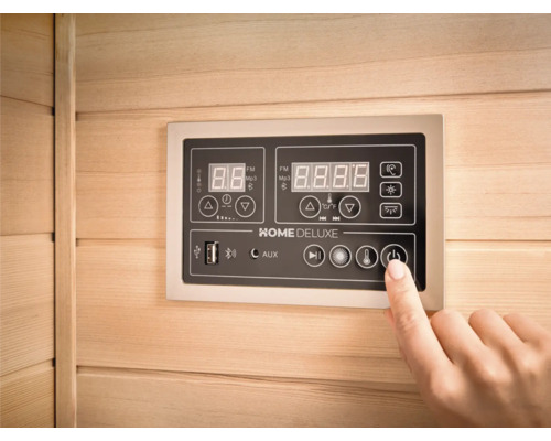 Ovládací panel sauny Home Deluxe s digitálnym displejom a rôznymi ovládacími prvkami