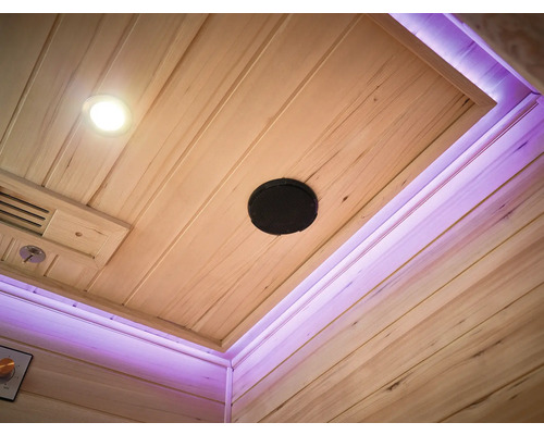Strop sauny s osvetlením, reproduktorom a ventiláciou
