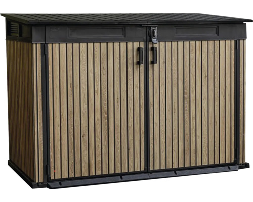 Záhradná skriňa s drevenými dverami na vonkajšie použitie
