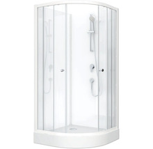 Rohová sprcha so sklenenými dverami a sprchovou batériou