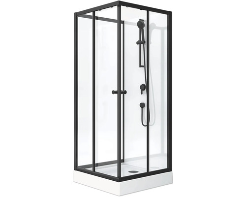 Sprchovací kút s čiernym rámom, ručnou sprchou a armatúrou