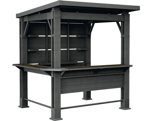 Sivý vonkajší bar s úložnými priestormi a zastrešením do záhrady