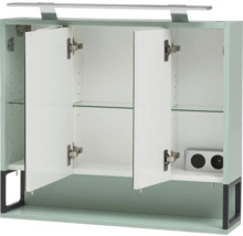 Otvorená závesná kúpeľňová skrinka so sklenenými policami a integrovaným osvetlením