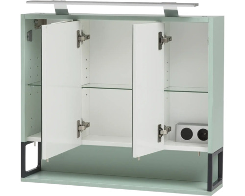 Otvorená závesná kúpeľňová skrinka so sklenenými policami a integrovaným osvetlením