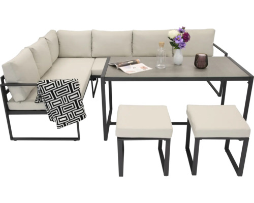 Záhradná sedacia súprava s rohovou pohovkou, stolom a dvoma stoličkami