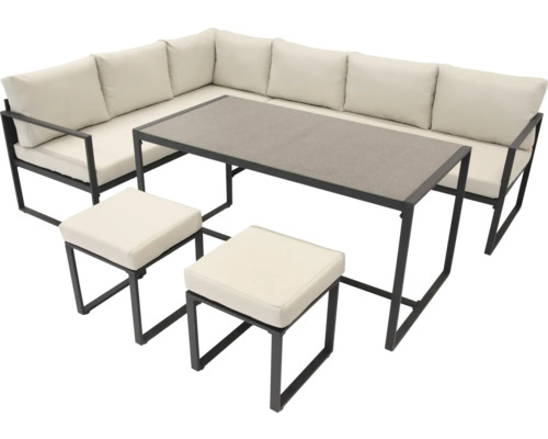 Záhradná sedacia súprava s rohovou pohovkou, stolom a dvoma stoličkami