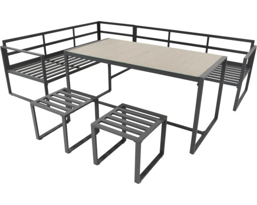 Záhradná sedacia súprava so stolom, rohovou lavicou a dvoma stoličkami