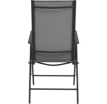 Záhradné kreslo s textilným poťahom a opierkami na ruky, pohľad zozadu