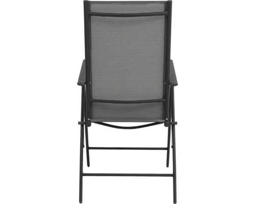 Záhradné kreslo s textilným poťahom a opierkami na ruky, pohľad zozadu