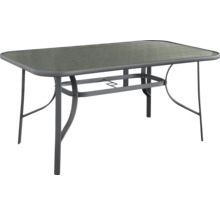 Obdĺžnikový záhradný stôl so sklenenou doskou a kovovým rámom