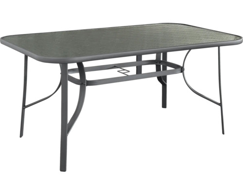 Obdĺžnikový záhradný stôl so sklenenou doskou a kovovým rámom