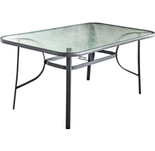 Záhradný stôl so sklenenou doskou a kovovým rámom