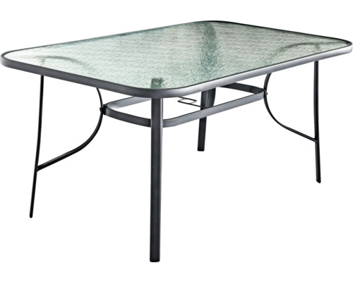 Záhradný stôl so sklenenou doskou a kovovým rámom