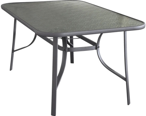 Obdĺžnikový záhradný stôl so sklenenou doskou a kovovým rámom