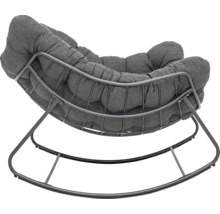 Hojdacie kreslo so sivým čalúnením na kovovom ráme