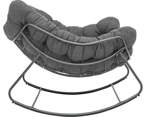 Hojdacie kreslo so sivým čalúnením na kovovom ráme