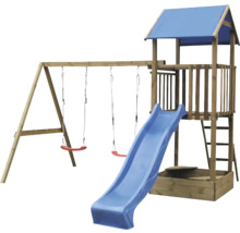 Drevená hracia veža s hojdačkou a šmýkačkou pre vonkajšie použitie