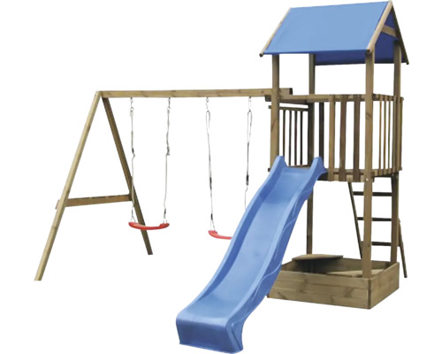 Drevená hracia veža s hojdačkou a šmýkačkou pre vonkajšie použitie