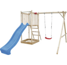Drevená hracia veža so šmýkačkou a hojdačkou
