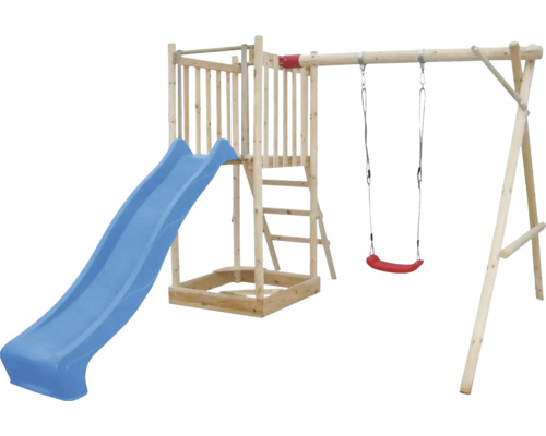 Drevená hracia veža so šmýkačkou a hojdačkou