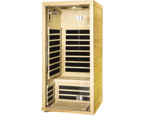 Infračervená sauna so sklenenými dverami a dreveným obkladom