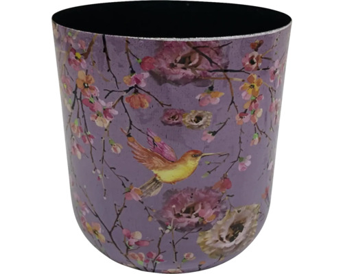 Obal na kvetináč Bird kovový Ø 12 x 13 cm lila Kvetináč s motívom vtáčika a kvetov