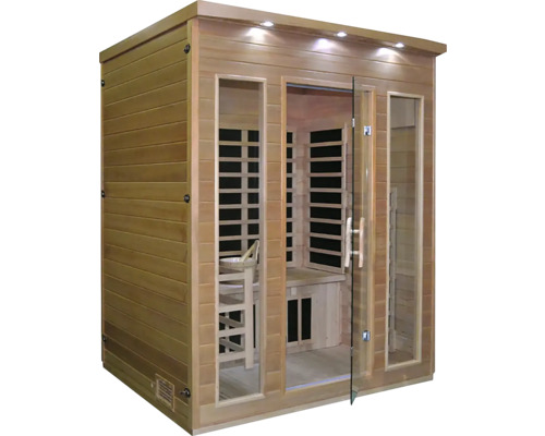 Drevená sauna so sklenenými dverami a vnútorným osvetlením