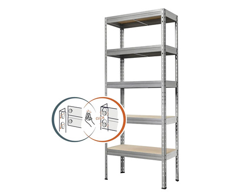 Kovový regál s piatimi policami a zacvakávacím systémom