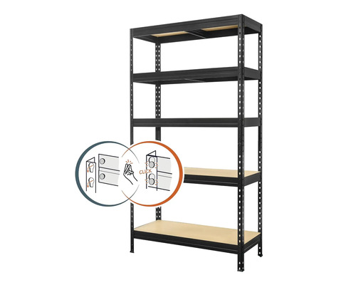 Kovový regál Kovona Praktik 1800x900x450 mm 5 políc čierny Čierny zásuvný regál s piatimi policami a zásuvným systémom.