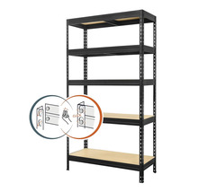 Čierny kovový regál s piatimi policami a zacvakávacím systémom