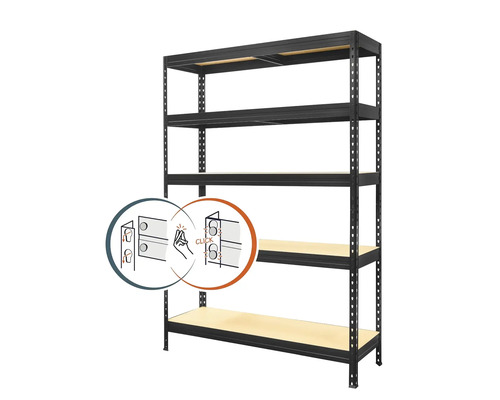 Kovový regál Kovona Praktik VRPRV1801204505C0001 1800x1200x450 mm 5 políc čierny Čierny zásuvný regál s piatimi policami a schematickým zobrazením montáže