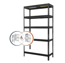 Čierny zásuvný regál s piatimi policami a montážnym návodom