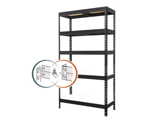 Čierny zásuvný regál s piatimi policami a montážnym návodom