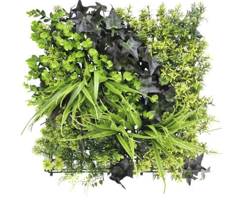 Umelá rastlinná stena s rôznymi druhmi zelených rastlín.