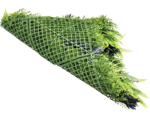 Stena z umelých rastlín s rôznymi druhmi zelene a mriežkovou štruktúrou