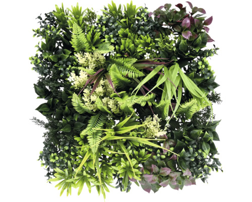 Umelá rastlinná stena s rôznymi druhmi zelene