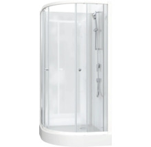 Sprchovací kabína so sprchovou hlavicou a priehľadnými sklenenými dverami