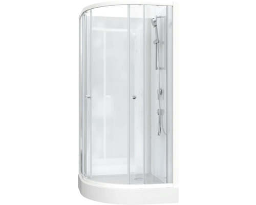 Sprchovací kabína so sprchovou hlavicou a priehľadnými sklenenými dverami