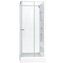 Sprchovací kút so sklenenými dverami a sprchovacou batériou