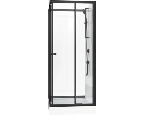 Rohová sprcha s čiernym rámom a ručnou sprchou