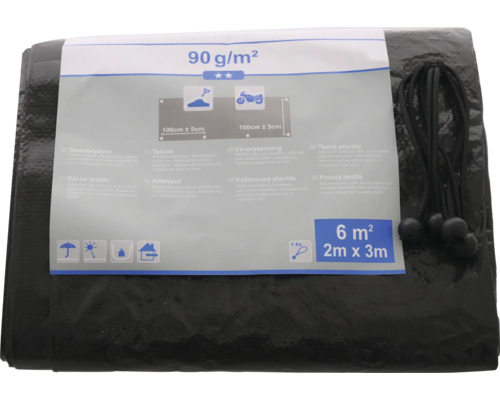 Čierna tkaná plachta s rozmermi 2 x 3 metre a plošnou hmotnosťou 90 gramov na meter štvorcový.
