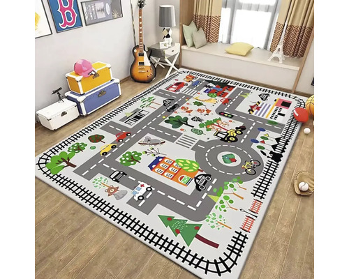 Detský koberec Koľaje biely 120x80cm Hrací koberec so vzorom cesty do detskej izby