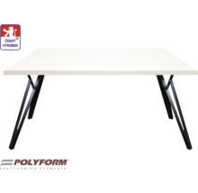 Biely písací stôl s čiernym kovovým rámom a pečaťou Český výrobok