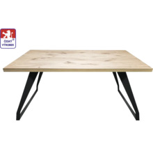 Stôl s doskou s dreveným vzhľadom a čiernym kovovým rámom