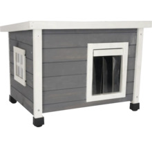 Sivá drevená psia búda s dverami a oknom