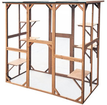 Voľne stojaci drevený výbeh pre mačky s policami a drôteným pletivom