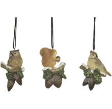 Tri závesné dekorácie so sovou, veveričkou a vtákom na šiške