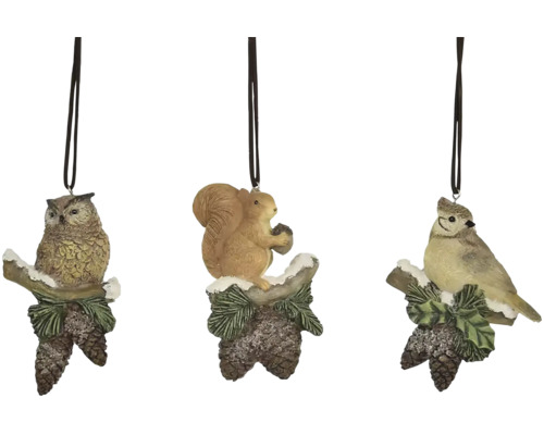 Tri závesné dekorácie so sovou, veveričkou a vtákom na šiške