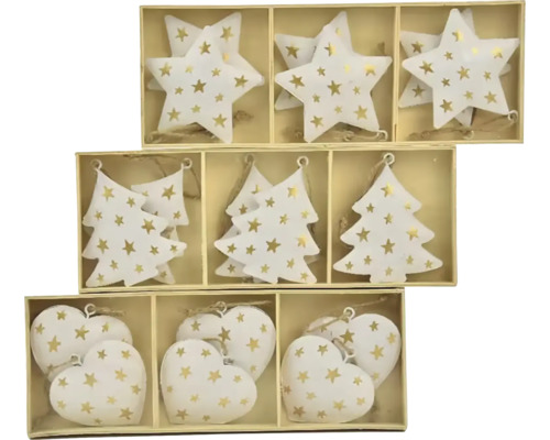 Sada ozdôb na vianočný stromček s motívmi hviezdy, stromu a srdca
