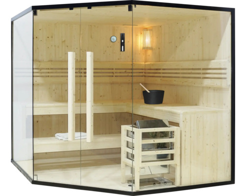 Sauna so sklenenou prednou stenou, drevenými lavicami a saunovou pecou